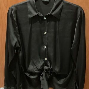 Zara Black Satin Collared Shirt with Tie